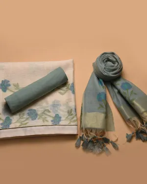 Cream With Turquoise Chanderi Jamdani Woven Unstitched Suit Fabric Set With Chanderi Woven Dupatta