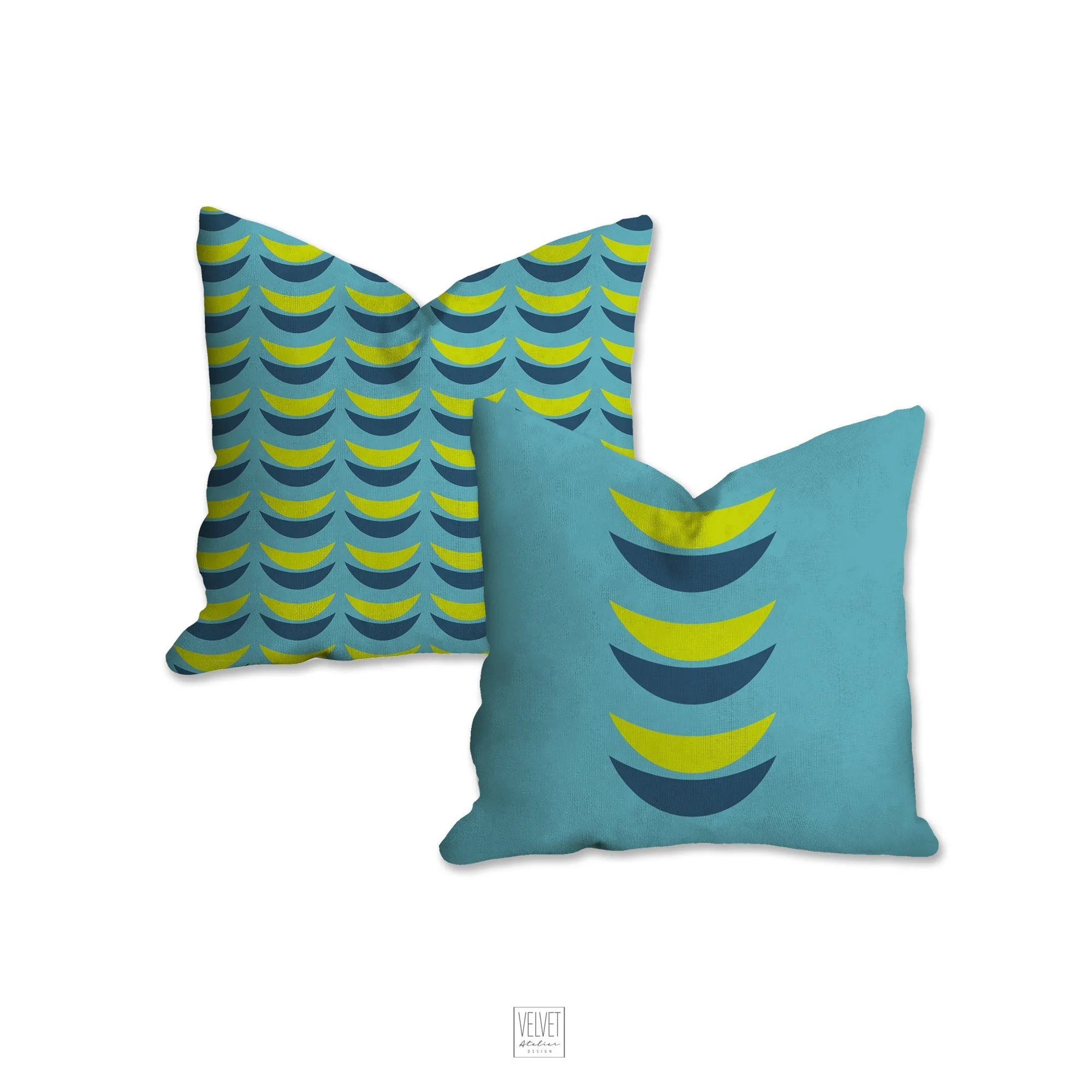 Crescent moon pillow, blue and green mid century, boho modern pillow, Interior decor, home decor pillow cover and insert, accent pillow