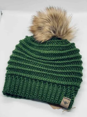 Crochet Faux Fur Pompom Beanie  - Green (All Sizes)