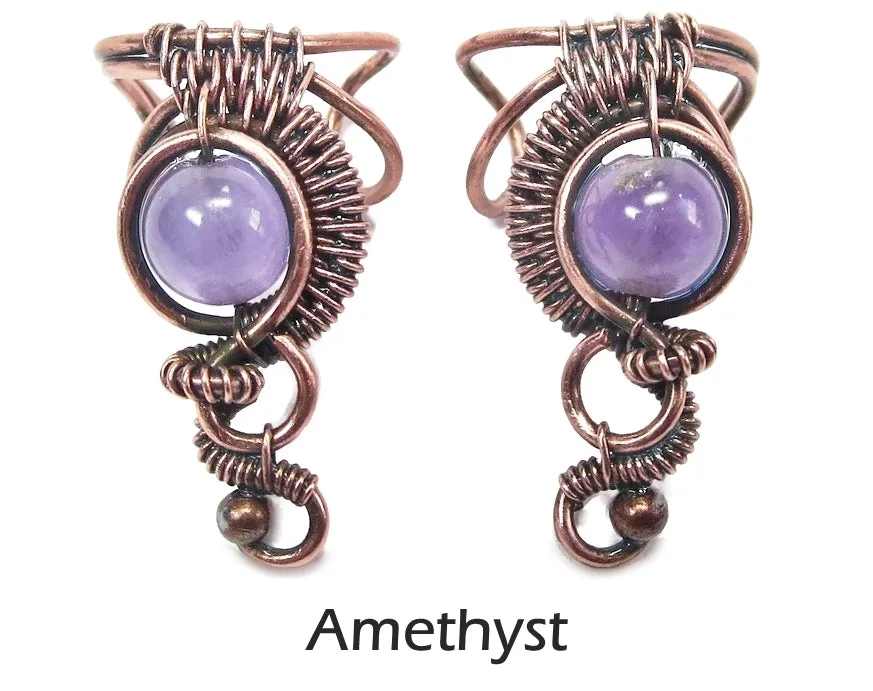 Custom Gemstone and Copper Woven Wire Ear Cuff; "Woven Bezel" Model