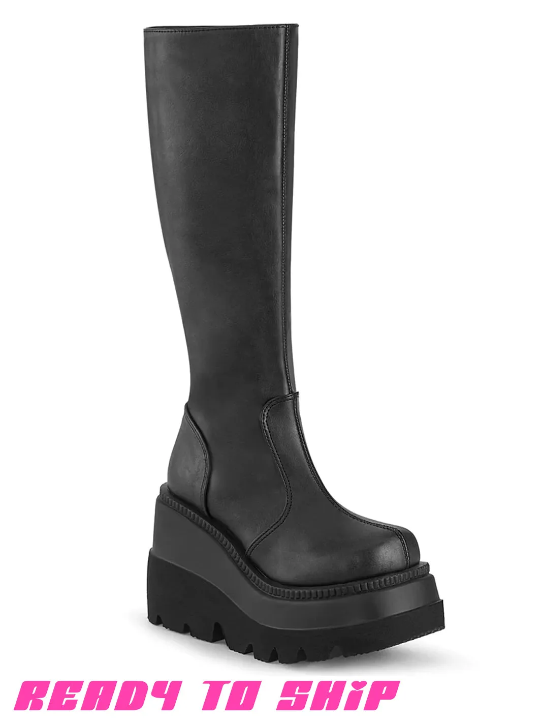 DEMONIA SHAKER 100 PLATFORM BOOTS - BLACK VEGAN LEATHER