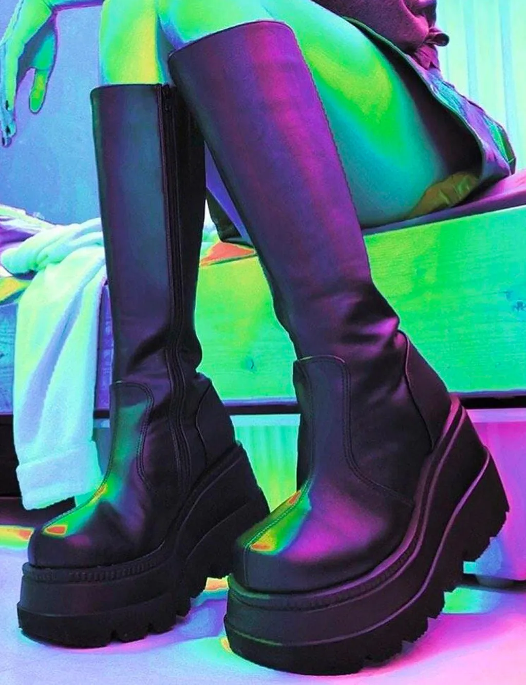 DEMONIA SHAKER 100 PLATFORM BOOTS - BLACK VEGAN LEATHER