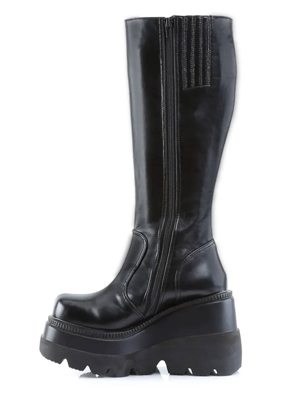 DEMONIA SHAKER 100 PLATFORM BOOTS - BLACK VEGAN LEATHER