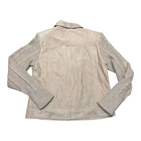 ecru Academia Suede Sweater Knit Jean Jacket Chamois Leather Wool Luxury