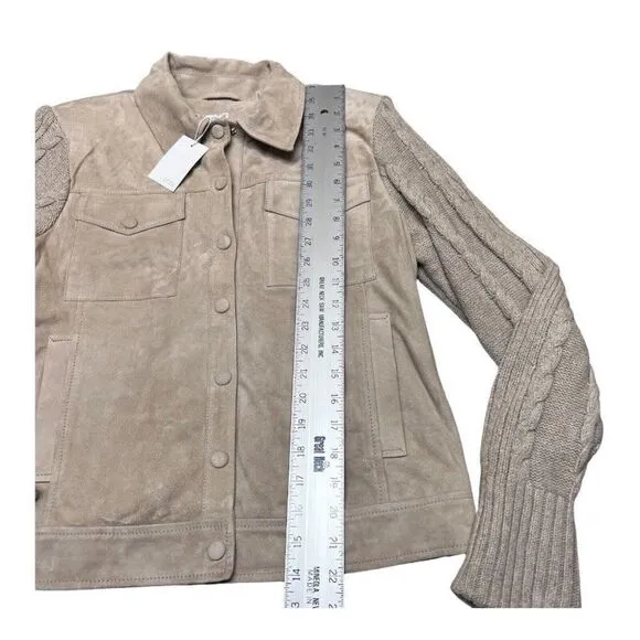 ecru Academia Suede Sweater Knit Jean Jacket Chamois Leather Wool Luxury