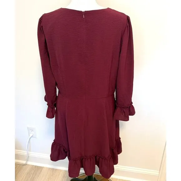 Eliza J Bell Sleeve Fit and Flare Dress In Wine Burgundy Size 16 New