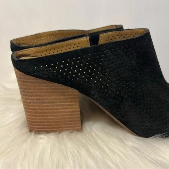 Franco Sarto Firefly Black Suede Upper Perforated Block Heel Mule Sandal Size 12