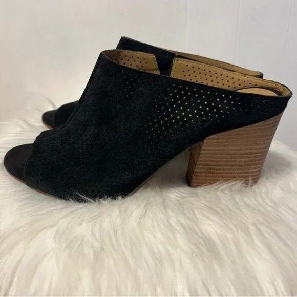 Franco Sarto Firefly Black Suede Upper Perforated Block Heel Mule Sandal Size 12