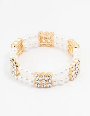Gold Diamante & Pearl Multiple Layer Bracelet