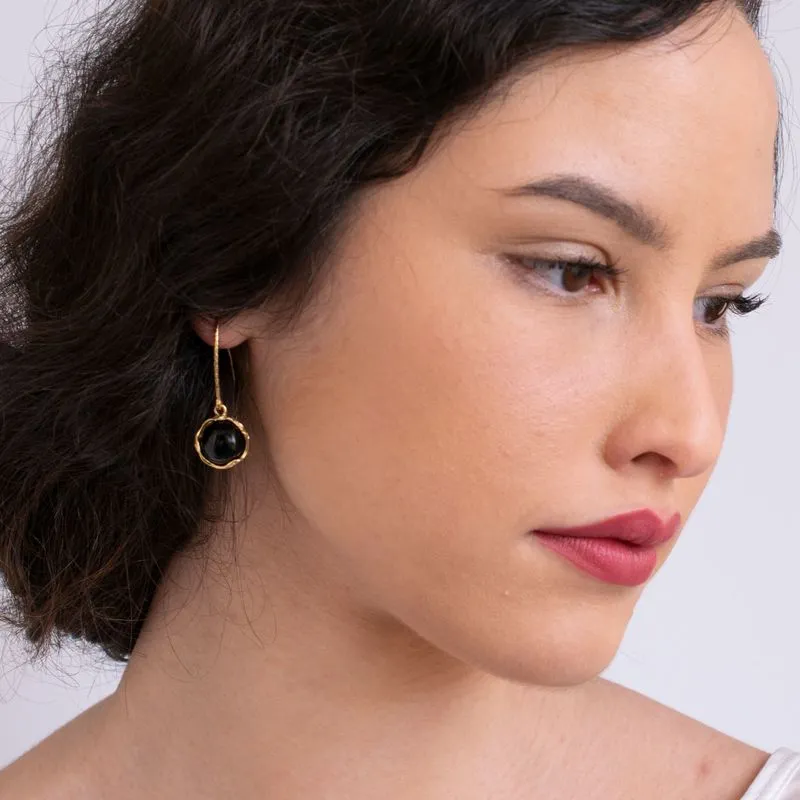 Gold Plated Round Black Onyx 12mm Dangle Earrings