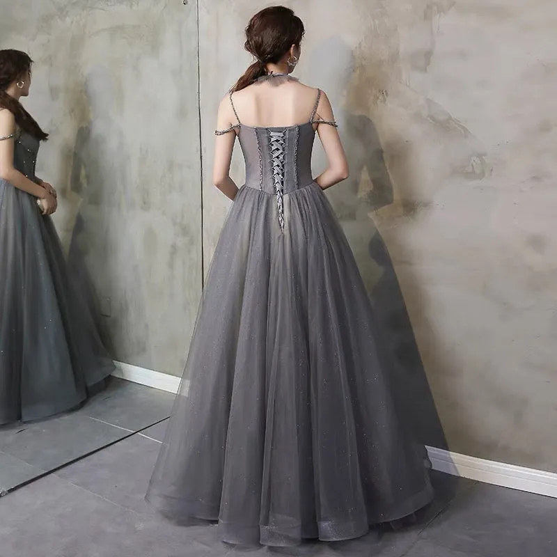 Grey Chic Tulle Beaded Sweetheart Lace-up Long Party Dress, Grey Prom Dresses Sweet 16 Dresses