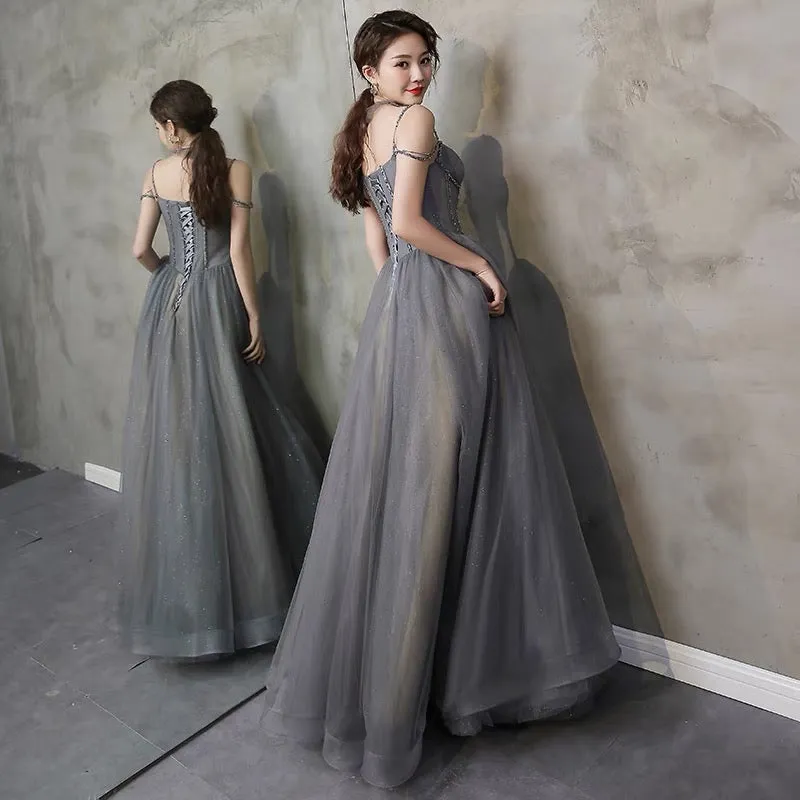 Grey Chic Tulle Beaded Sweetheart Lace-up Long Party Dress, Grey Prom Dresses Sweet 16 Dresses