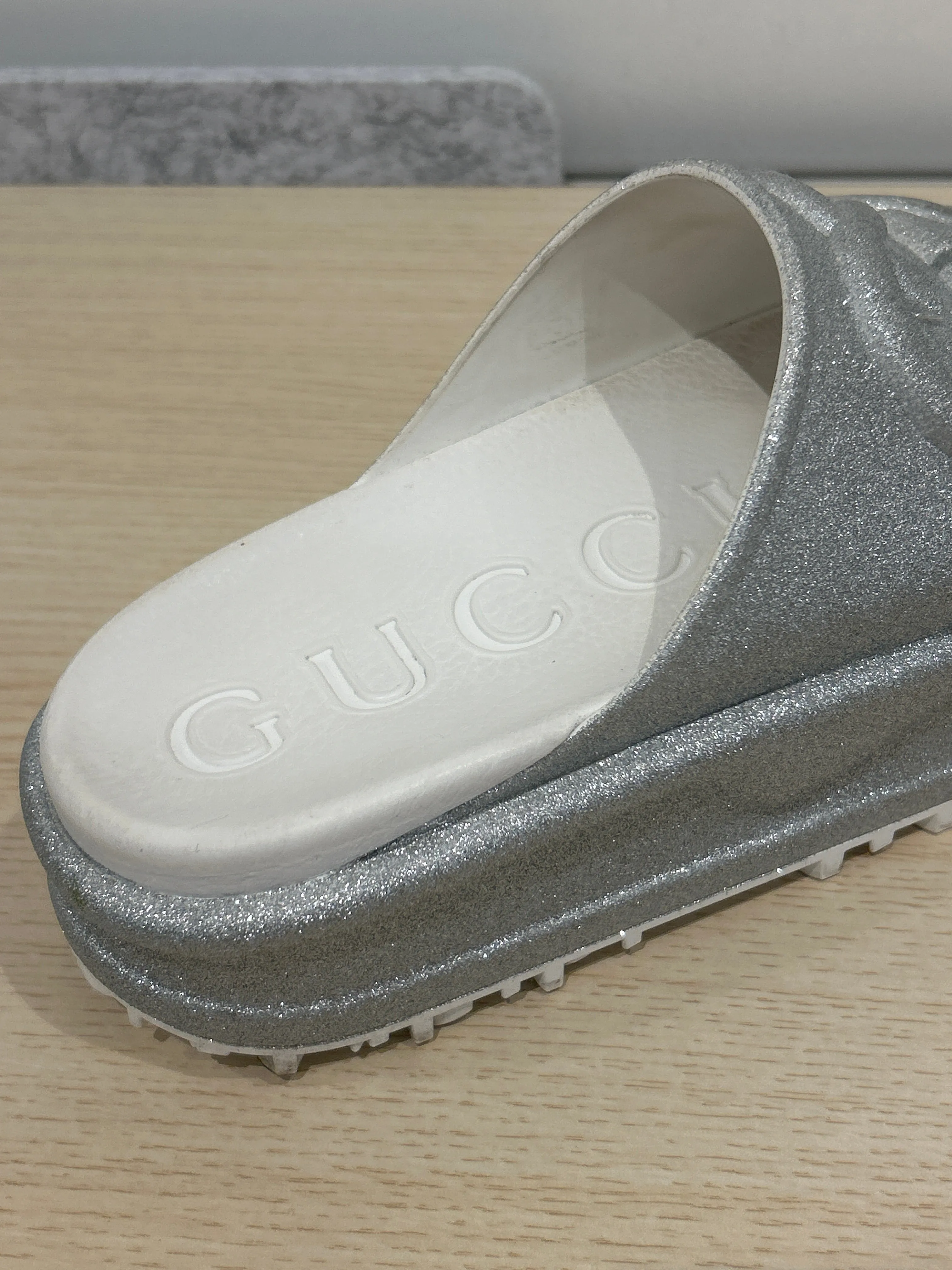 Gucci Shoes, Silver Interlocking GG SlideS (size 39)