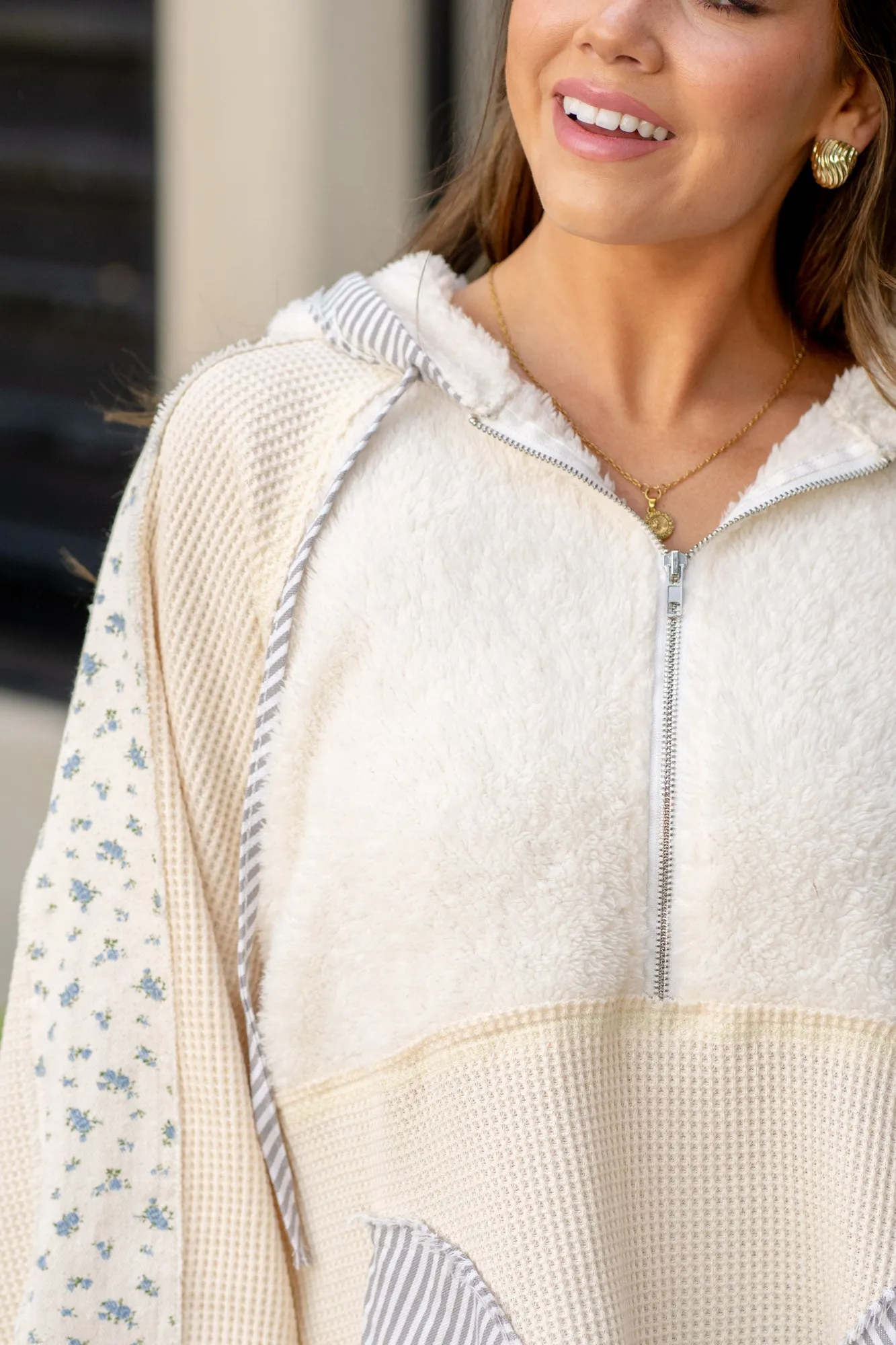 Half Zip Up Fleece Mix Back Star Patch Hoodie