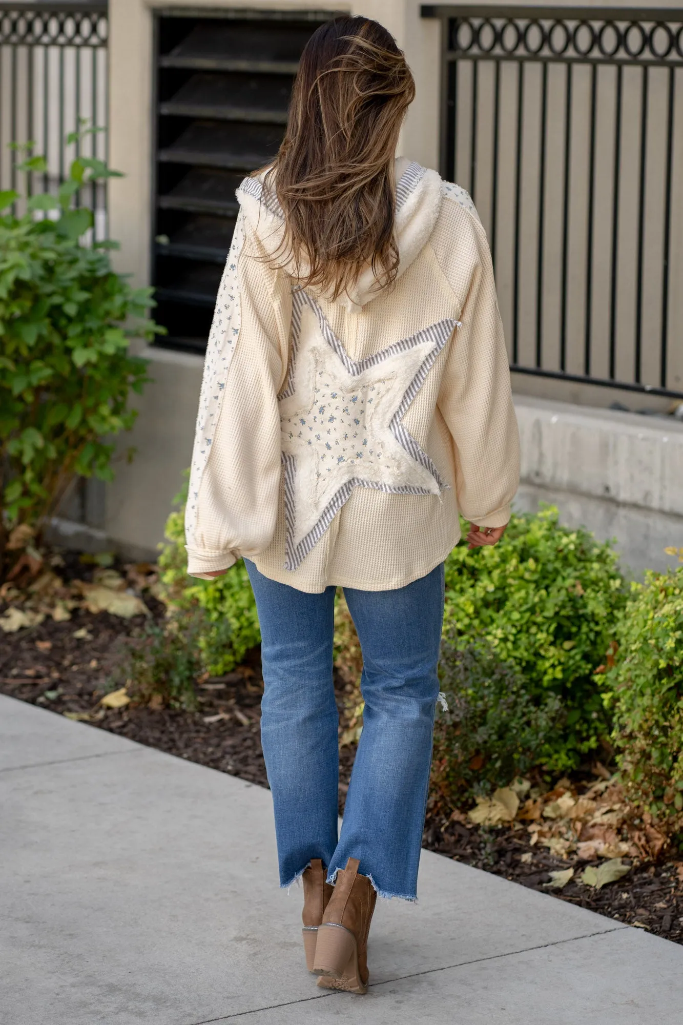 Half Zip Up Fleece Mix Back Star Patch Hoodie