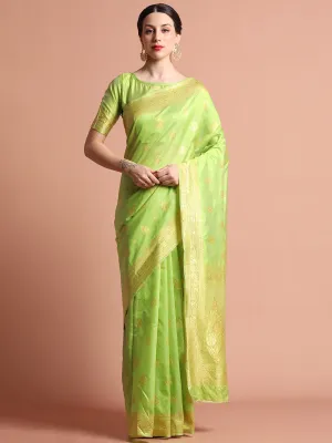 Heavy Banarasi Pista Green Zari Woven Silk Blend Saree
