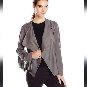 Karen Kane Grey Faux Suede Drapey Fringe Jacket size Large