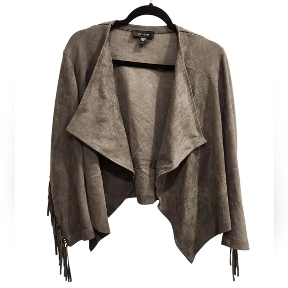 Karen Kane Grey Faux Suede Drapey Fringe Jacket size Large