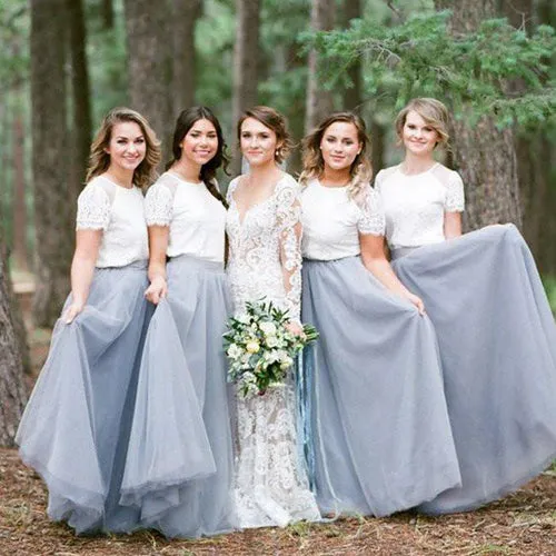 Light Grey Tulle Skirt Short Sleeve White Top Bridesmaid Dresses, BD45