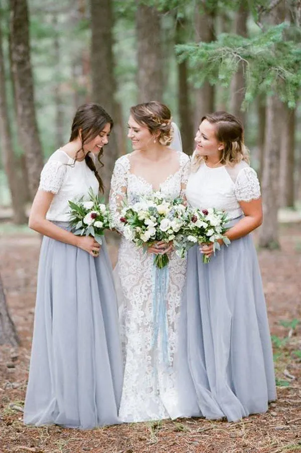 Light Grey Tulle Skirt Short Sleeve White Top Bridesmaid Dresses, BD45