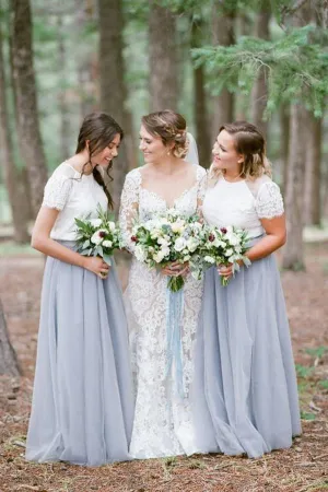 Light Grey Tulle Skirt Short Sleeve White Top Bridesmaid Dresses, BD45