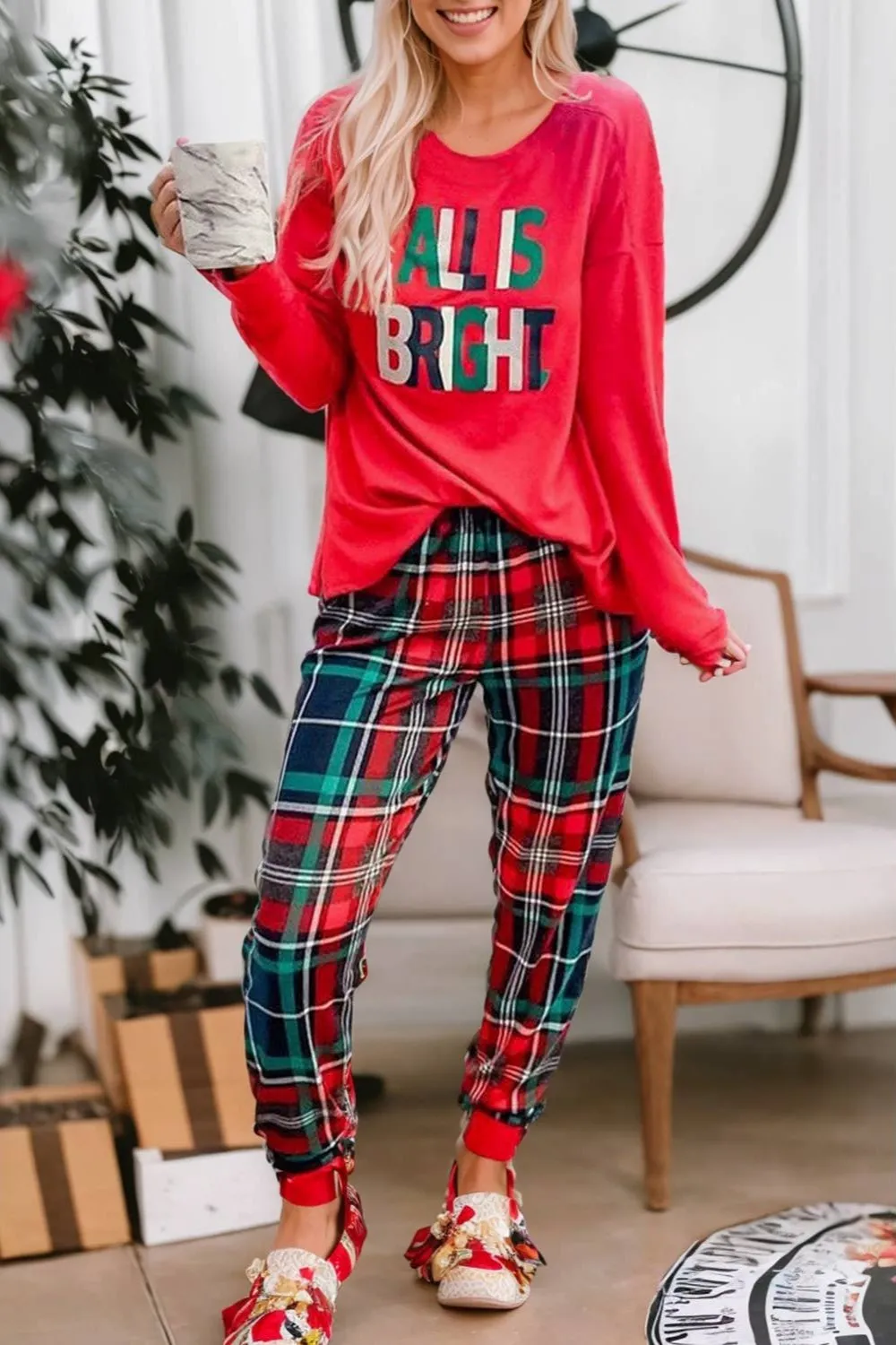 Little Daisy Closet Graphic Christmas Plaid Pajamas Set