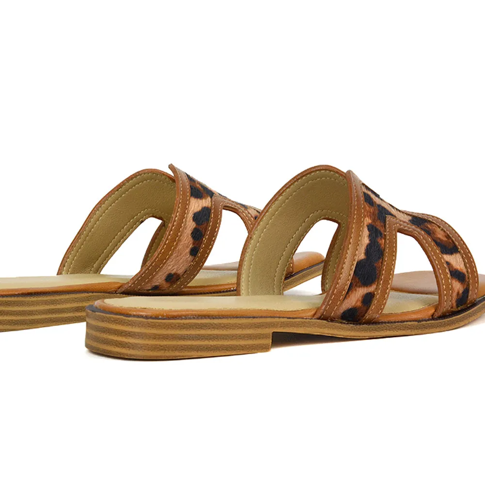 Lola Cut Out Strap Flat Holiday Sandals Summer Slip On Slides in Camel