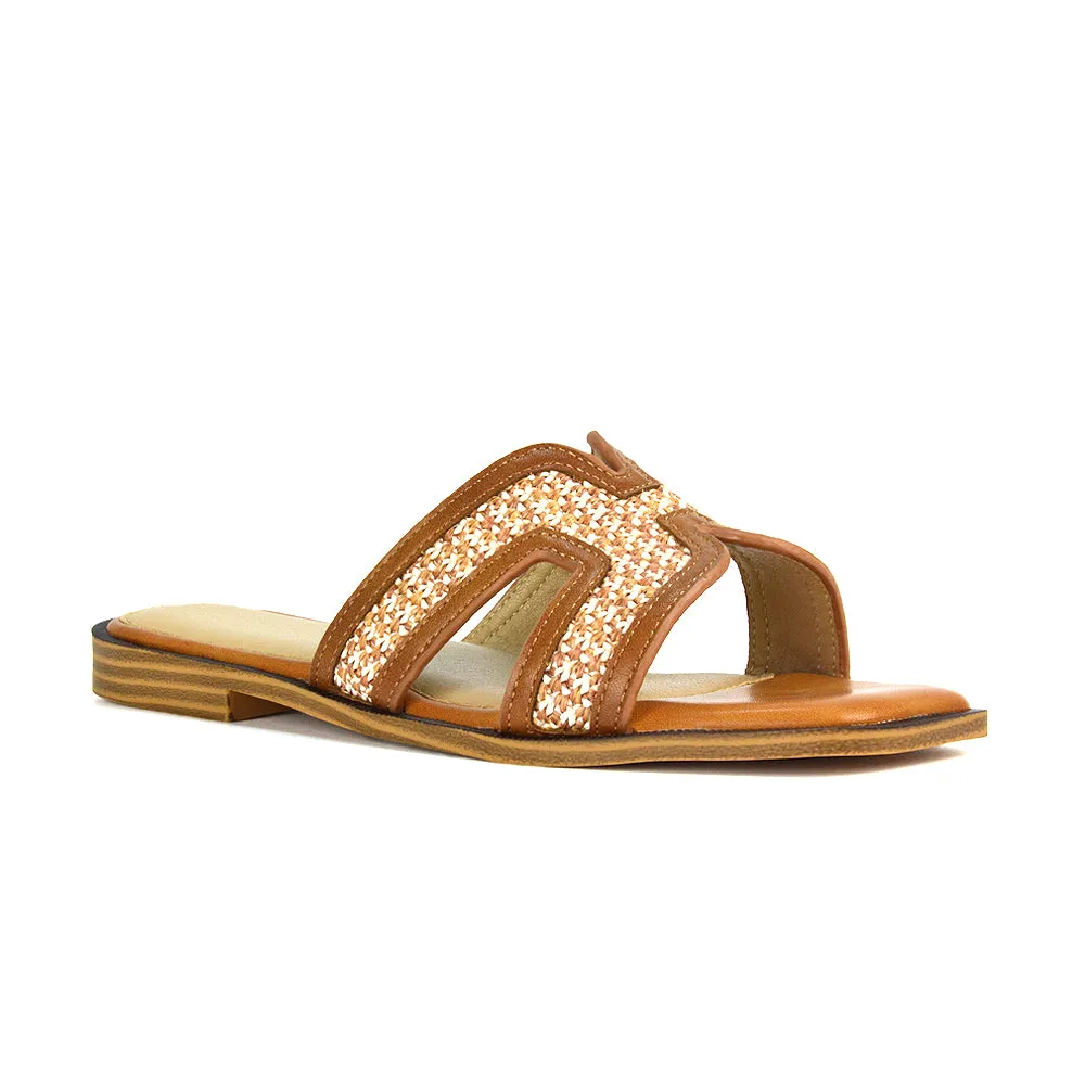 Lola Cut Out Strap Flat Holiday Sandals Summer Slip On Slides in Camel