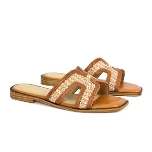 Lola Cut Out Strap Flat Holiday Sandals Summer Slip On Slides in Camel