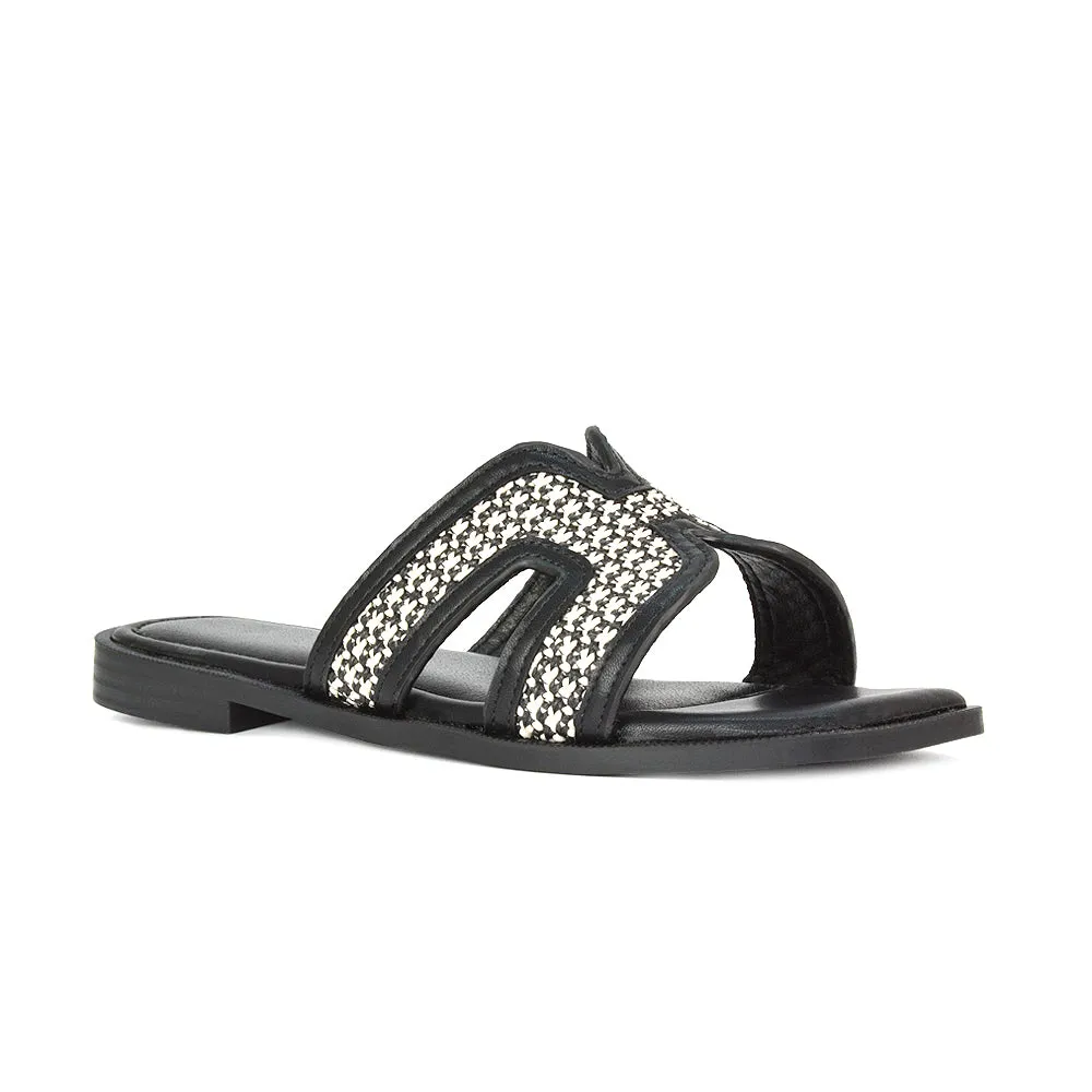 Lola Cut Out Strap Flat Holiday Sandals Summer Slip On Slides in Camel