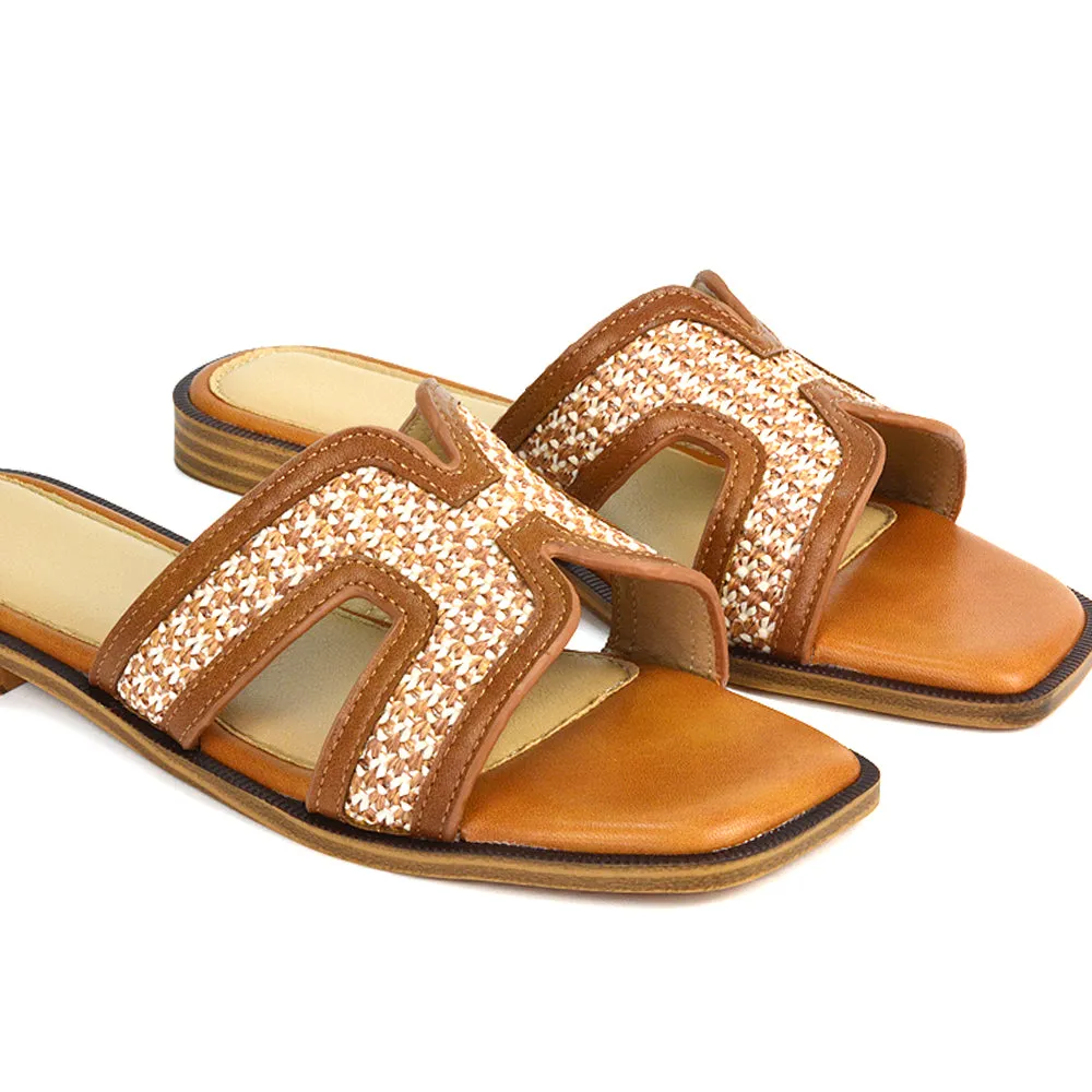 Lola Cut Out Strap Flat Holiday Sandals Summer Slip On Slides in Camel