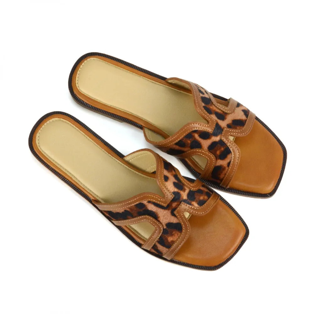 Lola Cut Out Strap Flat Holiday Sandals Summer Slip On Slides in Camel