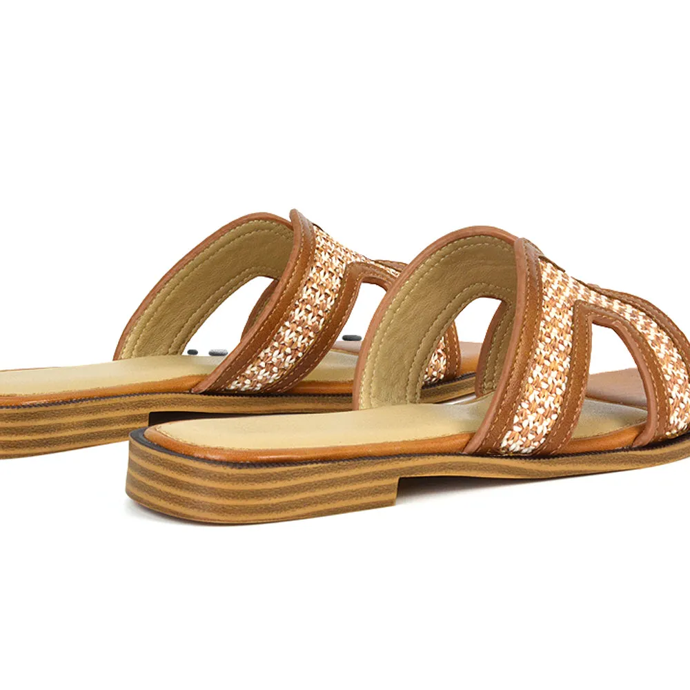 Lola Cut Out Strap Flat Holiday Sandals Summer Slip On Slides in Camel