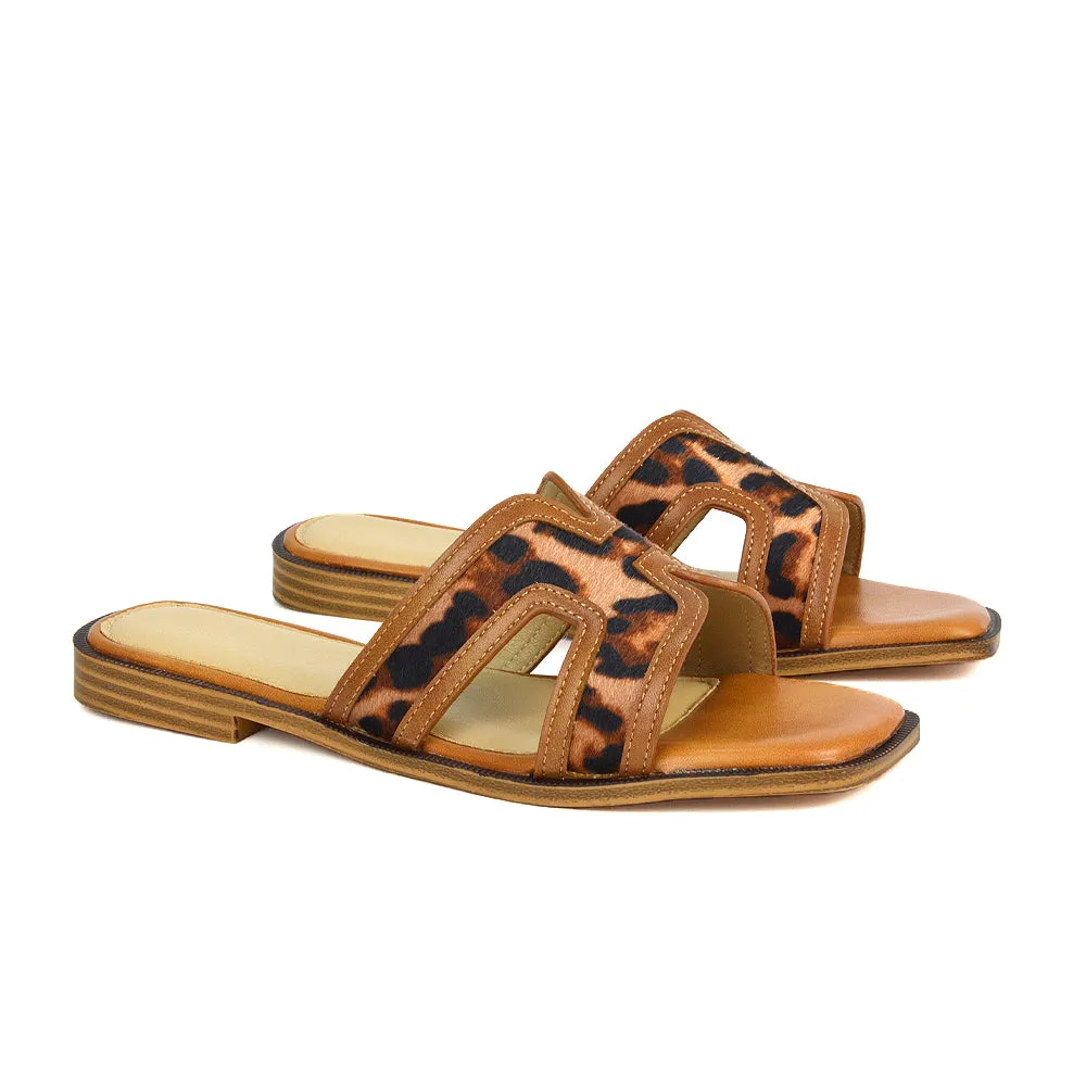 Lola Cut Out Strap Flat Holiday Sandals Summer Slip On Slides in Camel