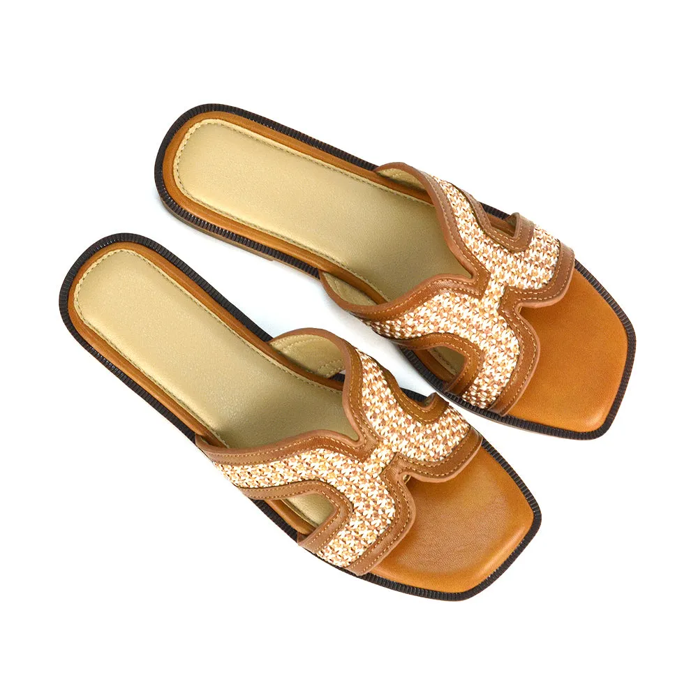 Lola Cut Out Strap Flat Holiday Sandals Summer Slip On Slides in Camel