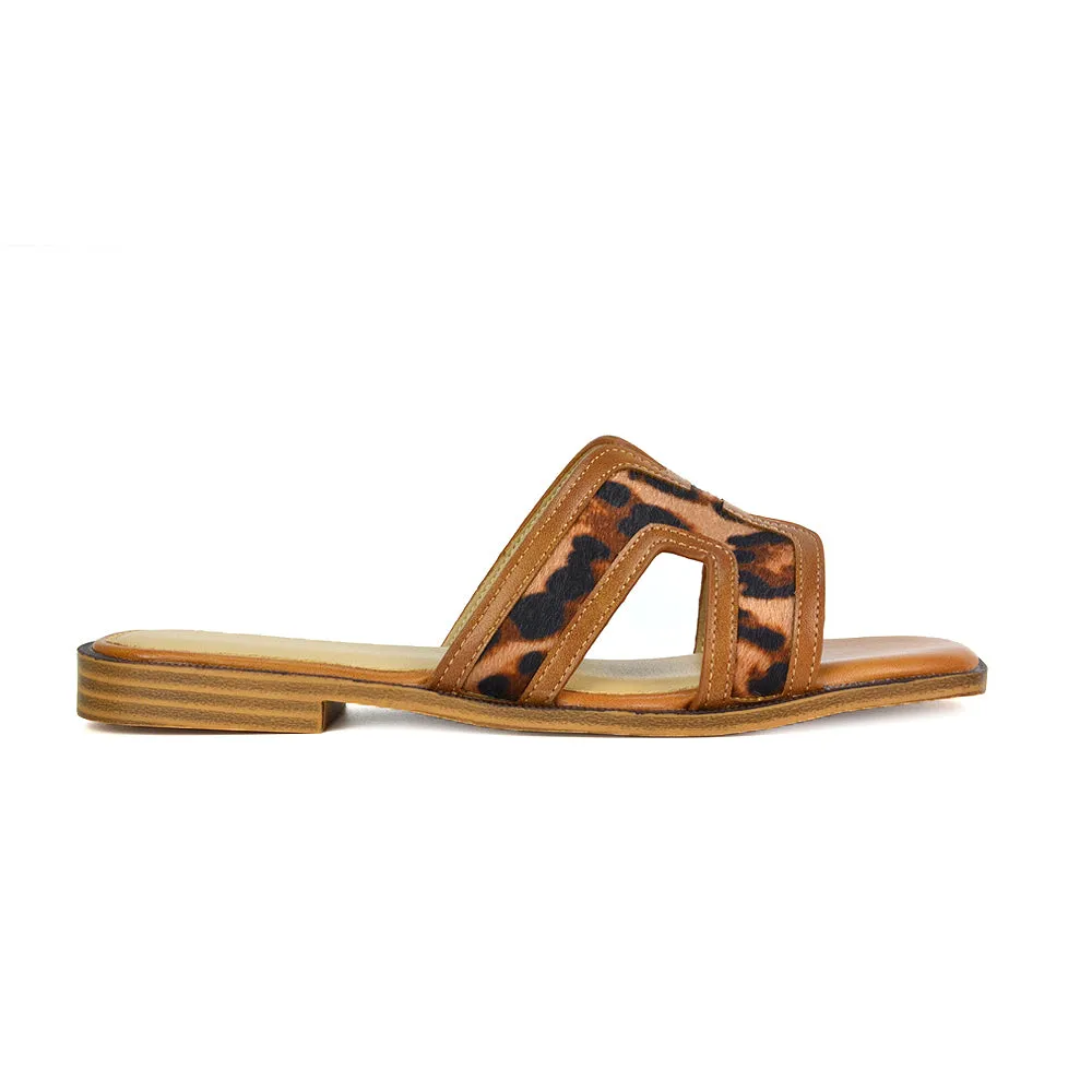 Lola Cut Out Strap Flat Holiday Sandals Summer Slip On Slides in Camel