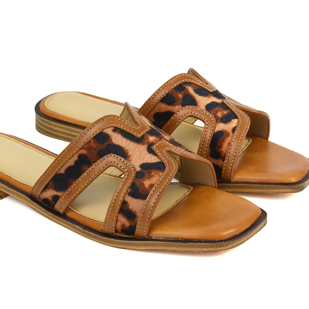 Lola Cut Out Strap Flat Holiday Sandals Summer Slip On Slides in Camel