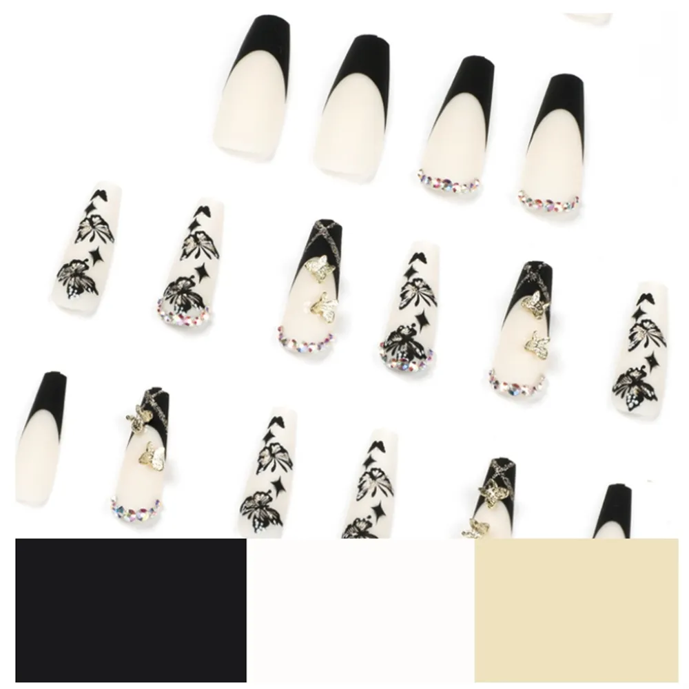 Long Coffin French Black Chic Butterfly rhinestones