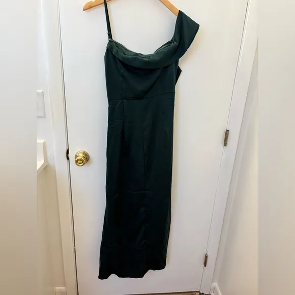 Lulus Lush Love Emerald Satin Asymmetrical Off-the-Shoulder Dress Size Small