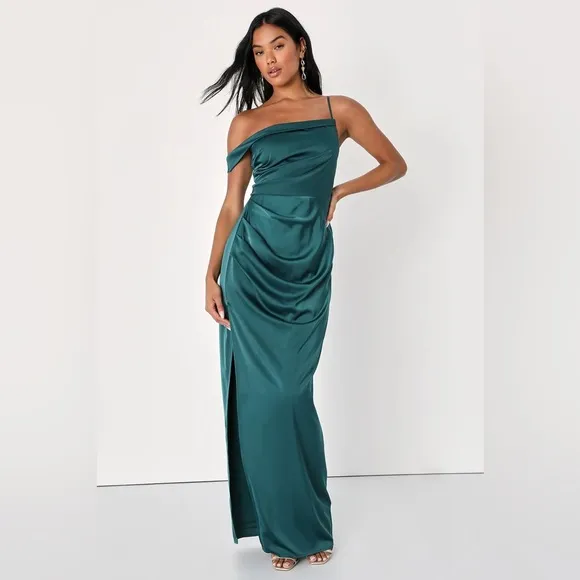 Lulus Lush Love Emerald Satin Asymmetrical Off-the-Shoulder Dress Size Small