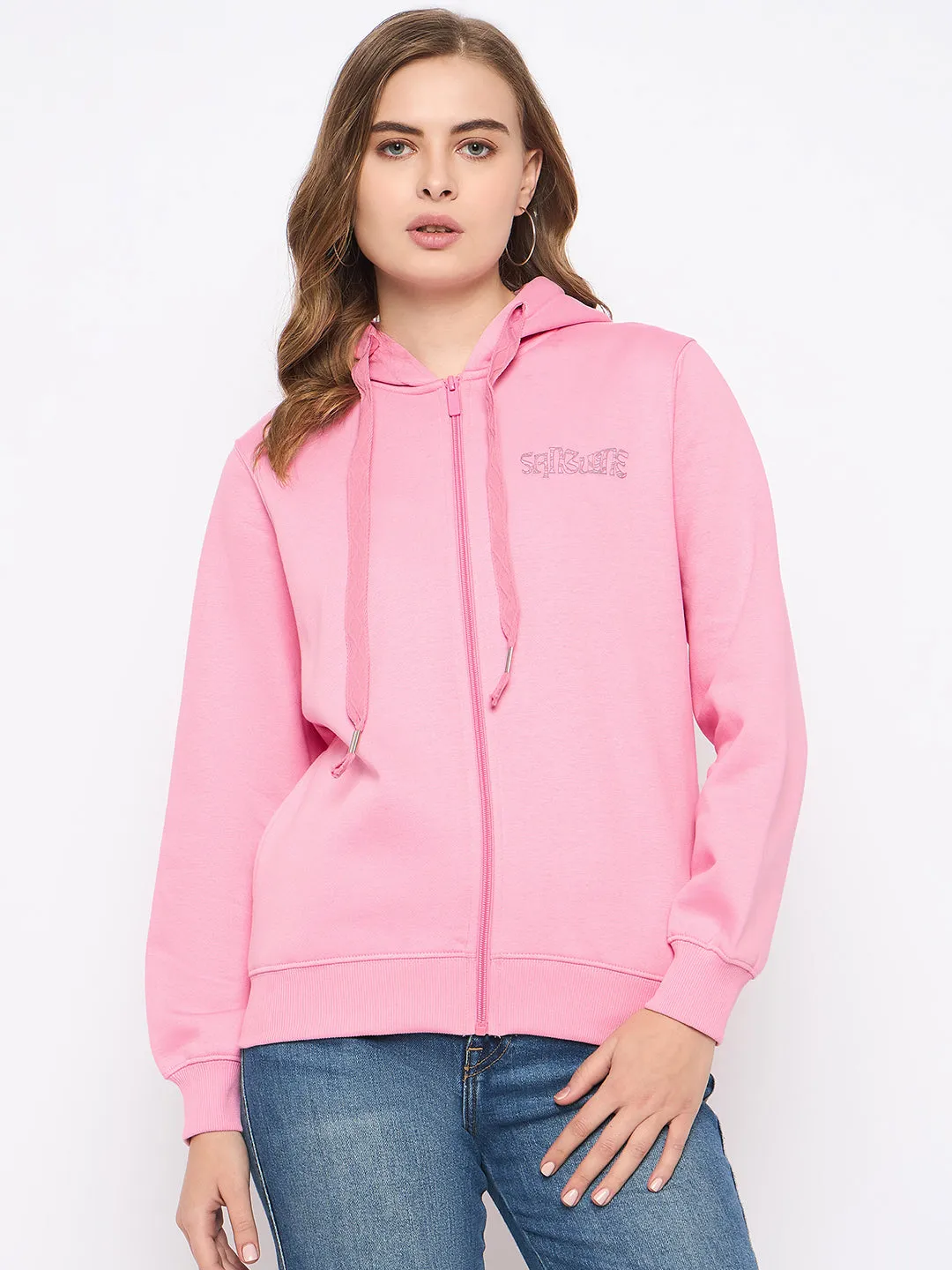 Madame Placement Print Detailed Pink Hooded Sweatshirt