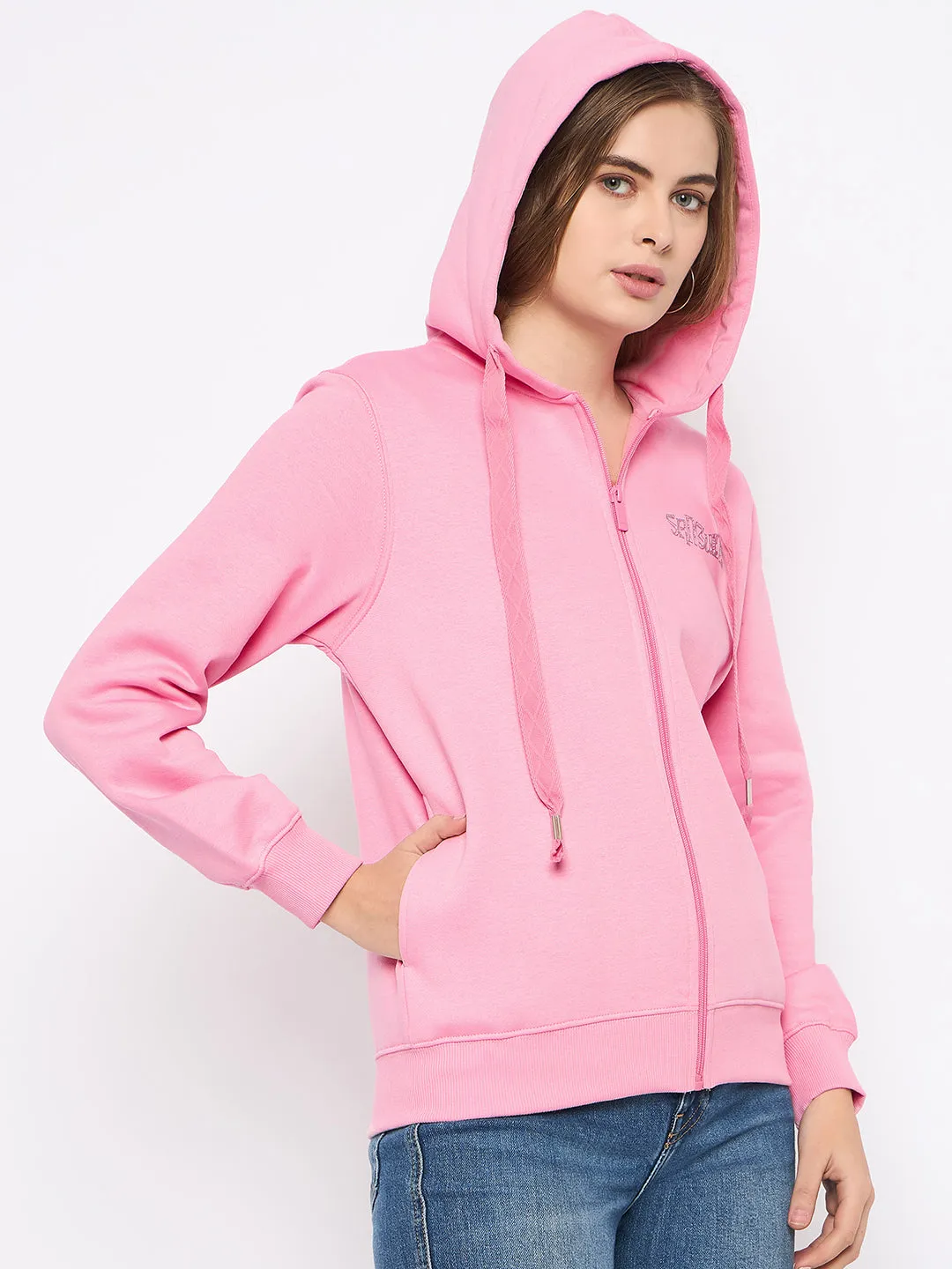 Madame Placement Print Detailed Pink Hooded Sweatshirt