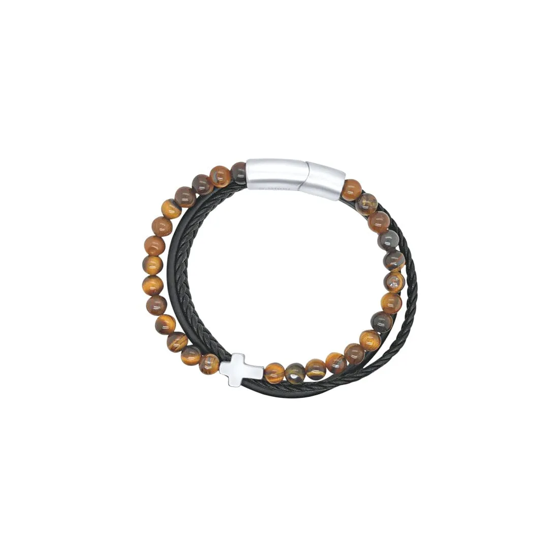 Men's Black Leather Bracelet with Brown Beads and Stainless Steel