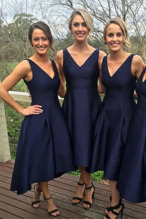 Navy Blue A-line High Low Simple Bridesmaid Dresses, Wedding Party Dress,MB31
