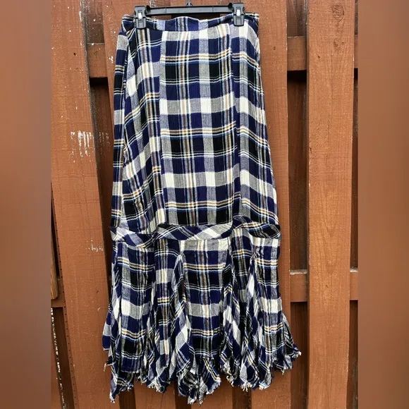 NEW Free People Bordeaux Maxi Skirt in Navy Combo Plaid 90s Grunge SZ Medium
