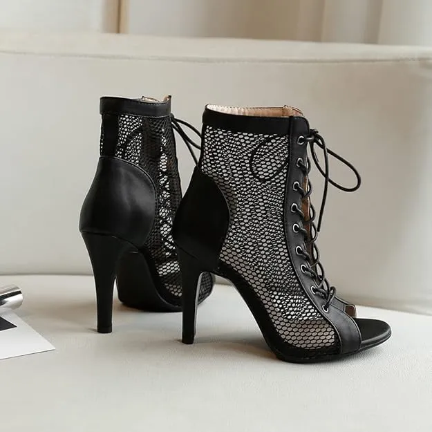 NEW TINRYMX Women's Latin Dance Boots Lace up Mesh Ankle Boots High Heel Dance Shoes, Model-DSB55, Sz 8, Retails $80 