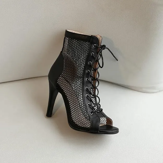 NEW TINRYMX Women's Latin Dance Boots Lace up Mesh Ankle Boots High Heel Dance Shoes, Model-DSB55, Sz 8, Retails $80 