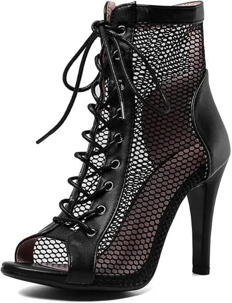 NEW TINRYMX Women's Latin Dance Boots Lace up Mesh Ankle Boots High Heel Dance Shoes, Model-DSB55, Sz 8, Retails $80 
