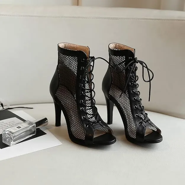 NEW TINRYMX Women's Latin Dance Boots Lace up Mesh Ankle Boots High Heel Dance Shoes, Model-DSB55, Sz 8, Retails $80 