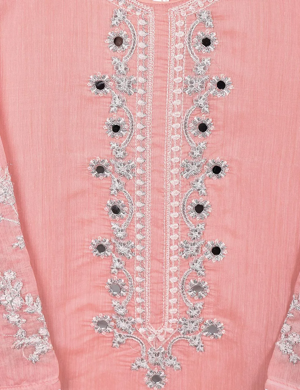 Paper Cotton Embroidered Stitched Kurti With Mirror Work - Reflection (TS-062A-Pink)